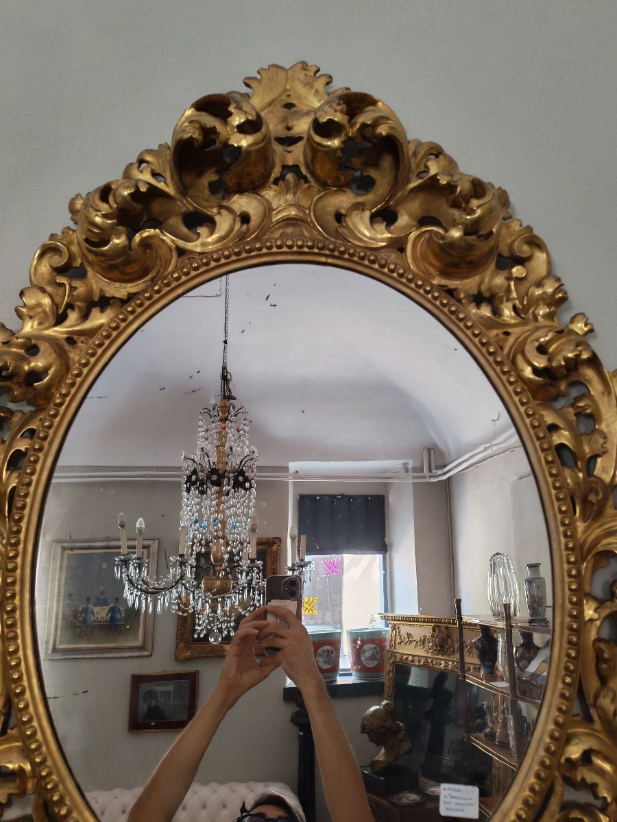 Grand miroir du XIXe siècle à décor de cartouches, avec dorure d'origine en parfait état-photo-3