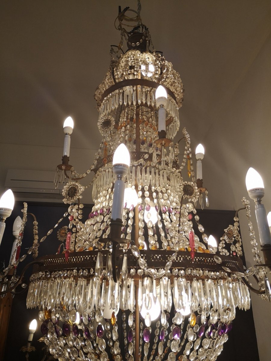 Large Chandelier In Sheet Metal And Glass Pendants, 19th Century-photo-1