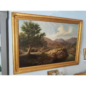 Large Painting Depicting Mountain Landscape, Painter Massa Giuseppe