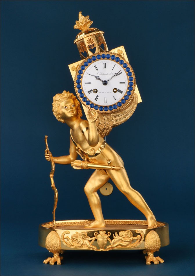 « La Lanterne Magique », Pendule Empire Ancienne En Bronze Doré, France, XIXe Siècle.