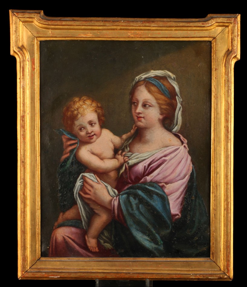Antique  Italian 17th-century Oil On Copper Painting. Virgin And Child