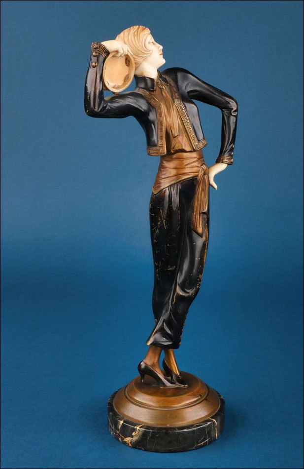 Girl With Tambourine, By Paul Philippe. Art Deco Chryselephantine. Circa 1925.-photo-7