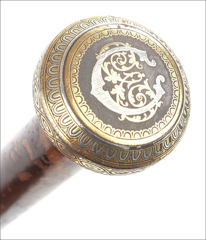 Antique Walking Stick. Gold And Silver Damascened Handle. Circa 1900