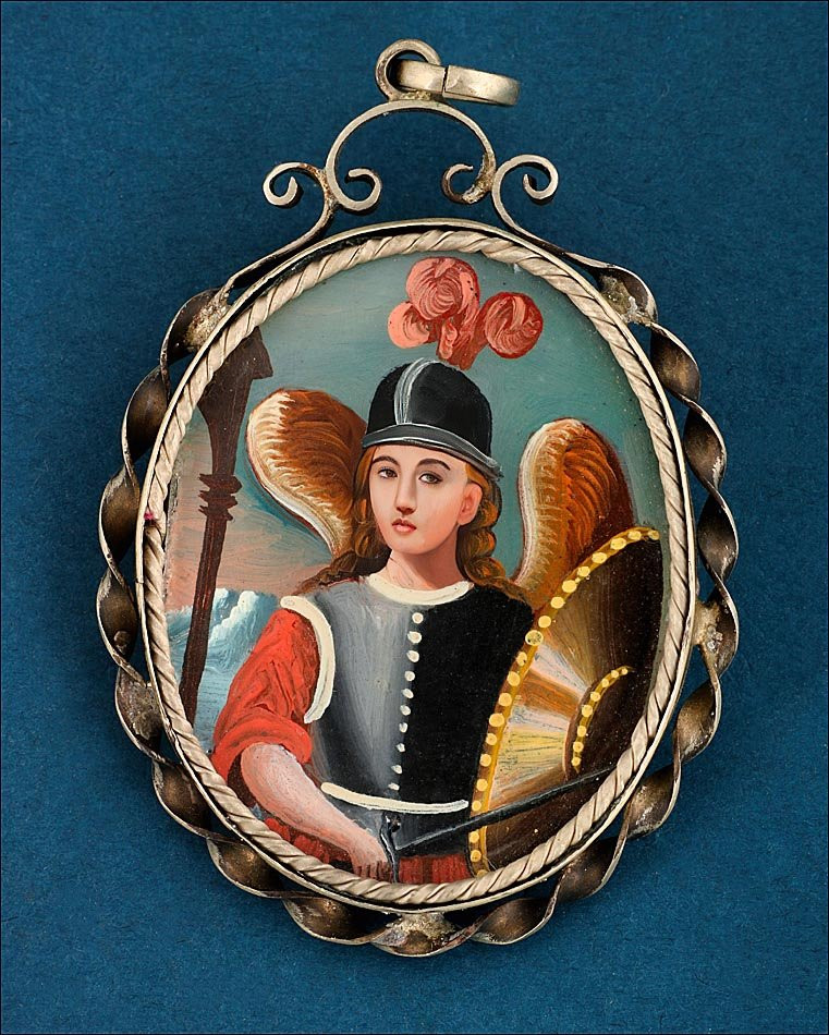 Antique Cusco School Pendant With Saint Michael The Archangel, Circa 1850-80-photo-3