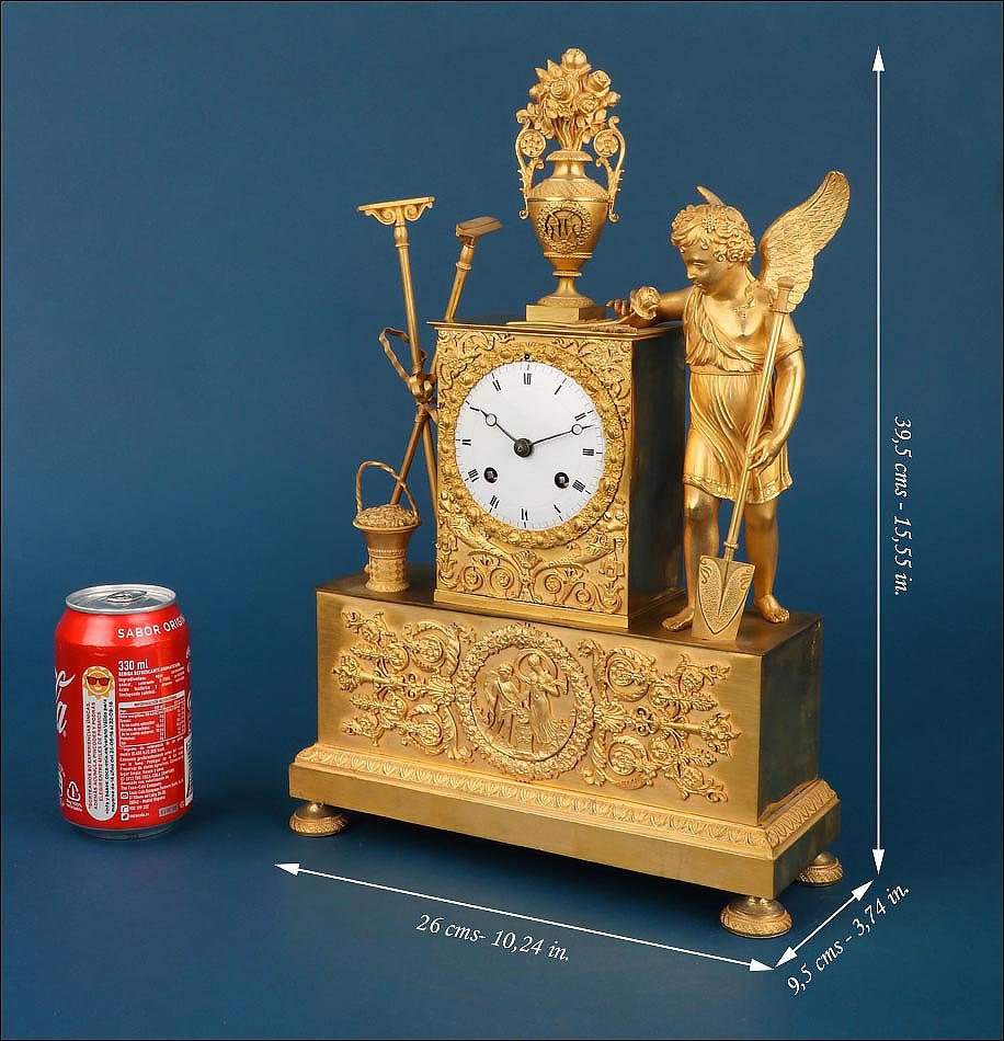 Ancienne Pendule De Cheminée En Bronze Doré. Allégorie Du Jardinage, France, Vers 1840-photo-2