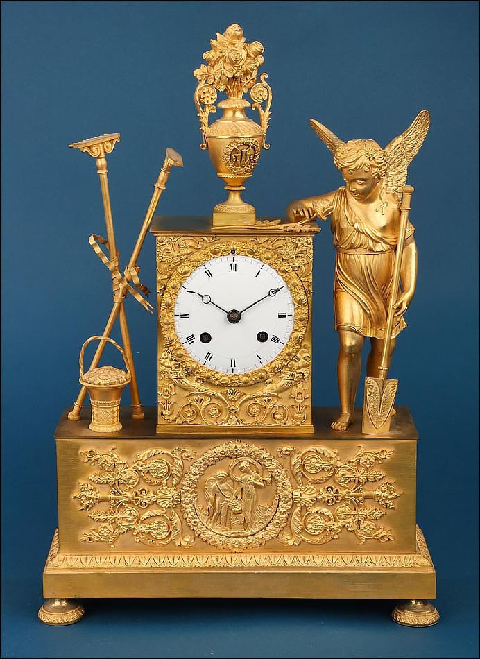 Ancienne Pendule De Cheminée En Bronze Doré. Allégorie Du Jardinage, France, Vers 1840