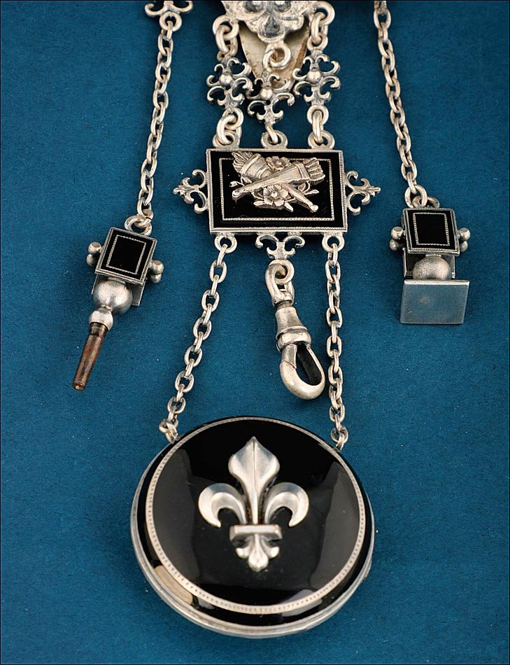 Antique French Leontine Or Chatelaine In Silver-plated Metal And Enamel. France, Circa 1840-photo-3