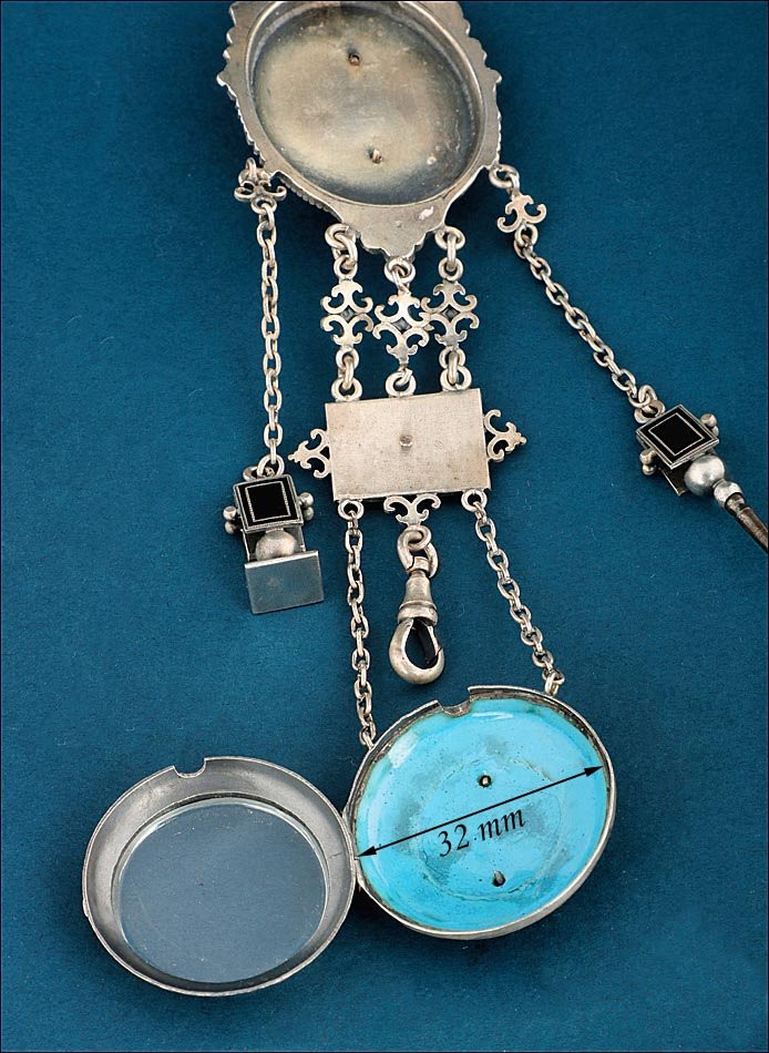 Antique French Leontine Or Chatelaine In Silver-plated Metal And Enamel. France, Circa 1840-photo-3