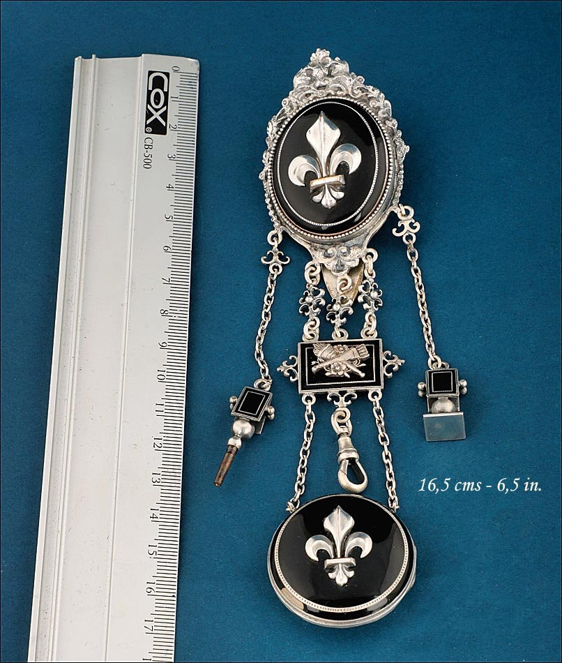 Antique French Leontine Or Chatelaine In Silver-plated Metal And Enamel. France, Circa 1840-photo-6