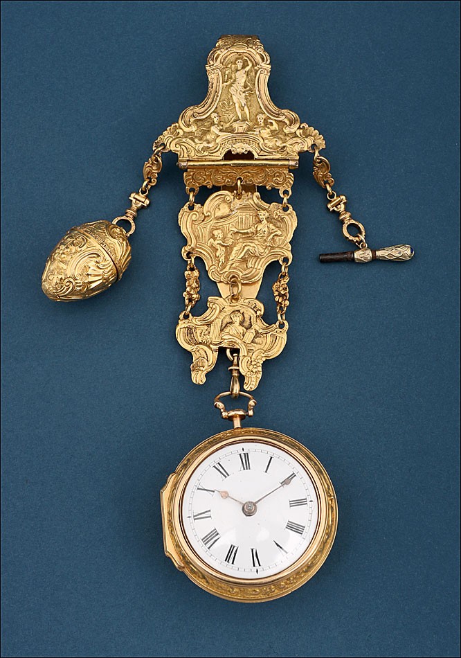 Ancienne Montre Gousset à Coq et Chatelaine en Or 18K. Angleterre, 1745