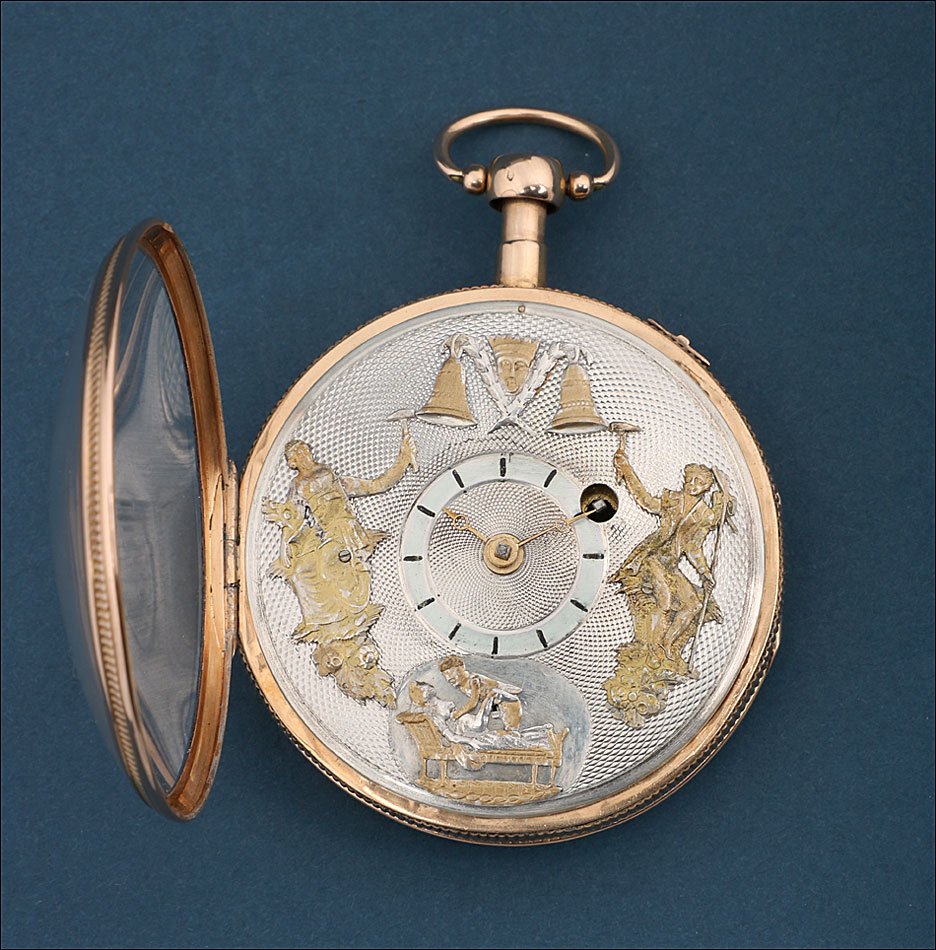 Ultra rare Montre Gousset à Coq avec Automate Érotique. Or 18K. France, circa 1820-photo-2