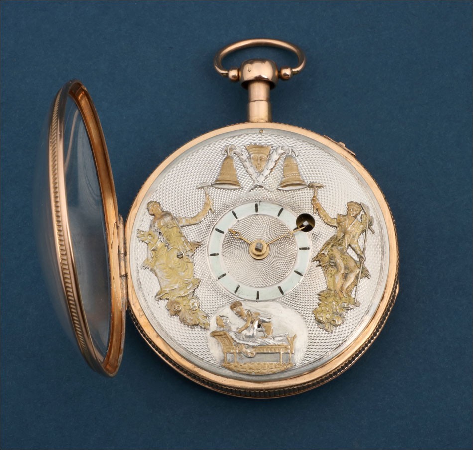 Ultra rare Montre Gousset à Coq avec Automate Érotique. Or 18K. France, circa 1820