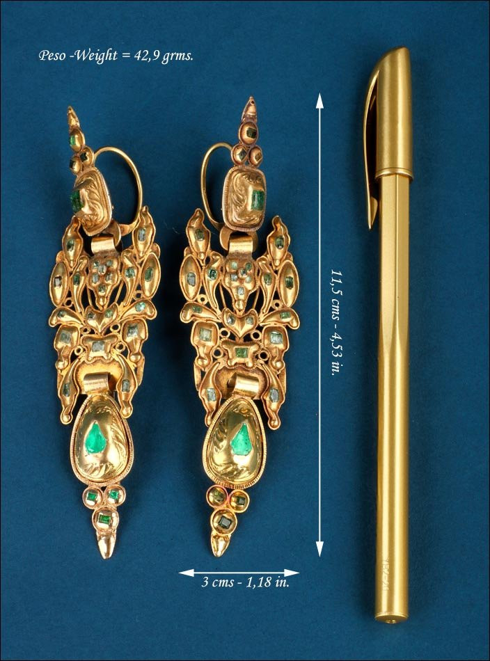 Anciens boucles d’oreilles Catalans en Or et Émeraudes Naturelles. XVIII siècle-photo-2