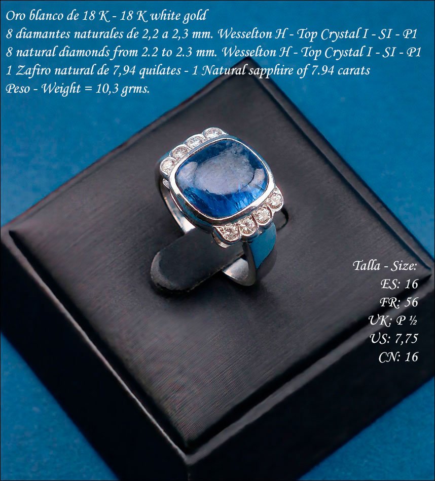 Vintage White 18k Gold Ring With 7,94 Ct. Sapphire And 8 Natural Diamonds-photo-2