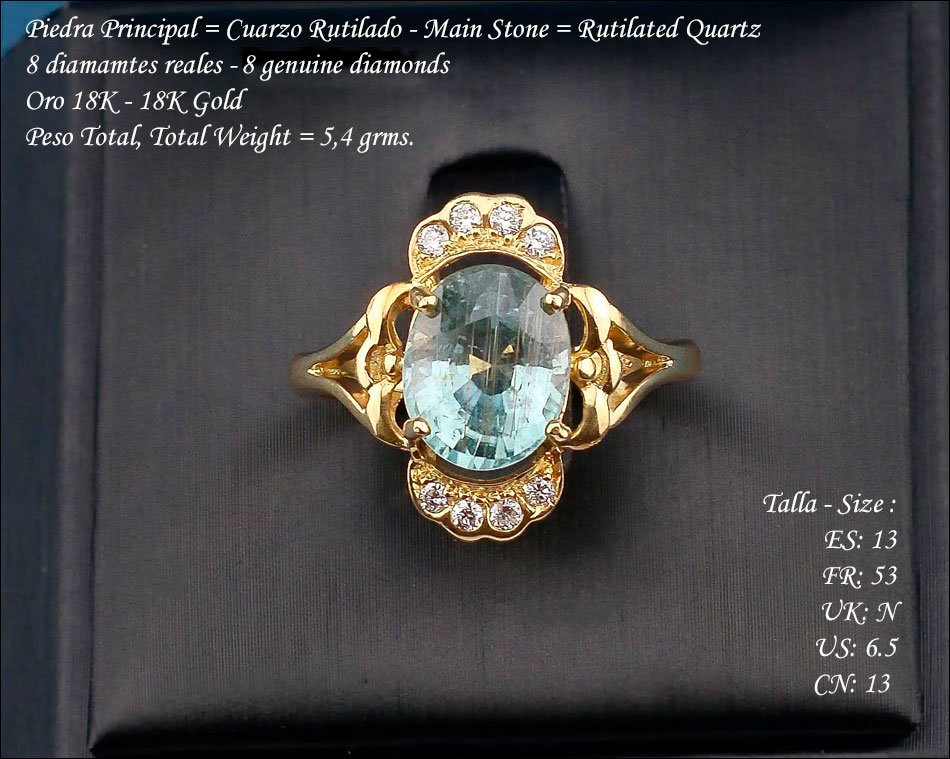 Bague vintage en or 18K avec quartz rutile ovale et 8 diamants naturels-photo-2
