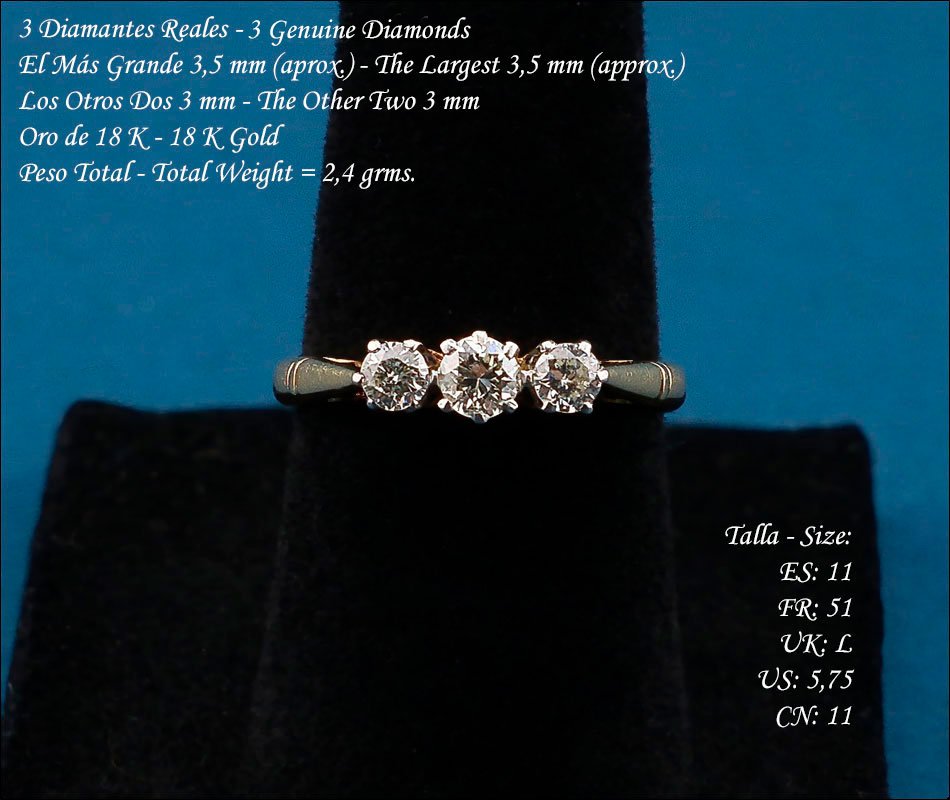 Bague trilogie vintage en or 18K avec trois diamants naturels centraux-photo-2