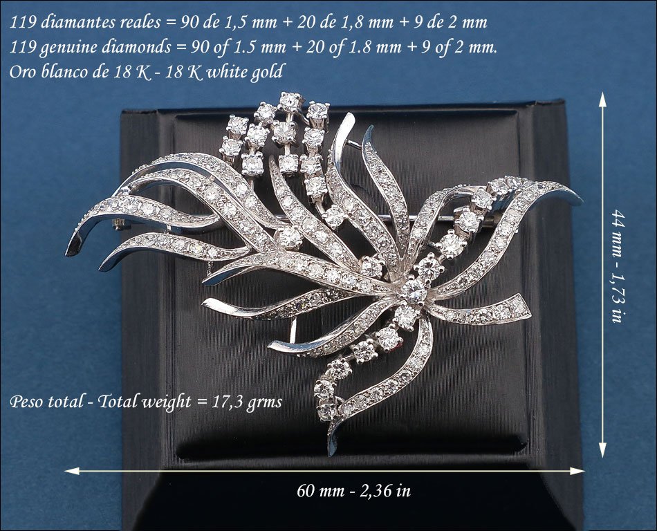 Vintage Brooch, Circa 1970, In 18k White Gold With 119 Genuine Diamonds-photo-2