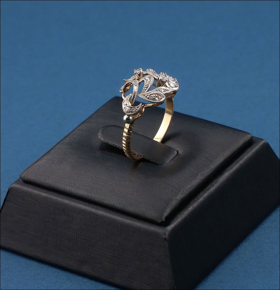 Ancienne bague en or 18K avec diamants naturels, design floral des années 30-photo-3