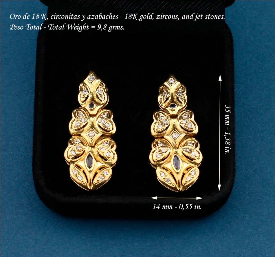 Boucles d’oreilles articulées vintage en or 18K avec zircons et jais, années 80-photo-2