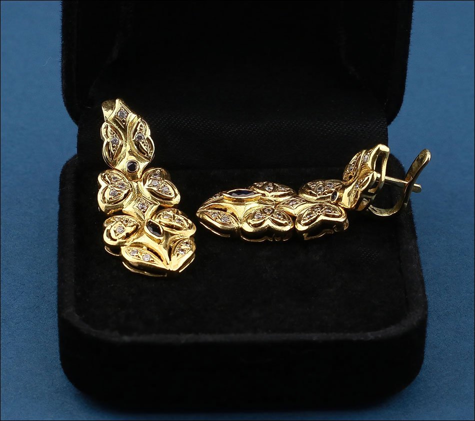 Boucles d’oreilles articulées vintage en or 18K avec zircons et jais, années 80-photo-1