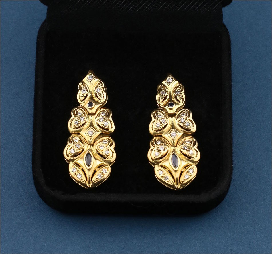 Boucles d’oreilles articulées vintage en or 18K avec zircons et jais, années 80