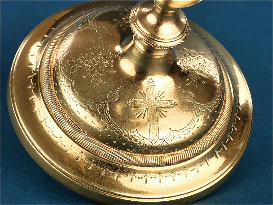 Ancien Calice en Bronze et Argent avec Patène et Étui, France 1913-photo-1