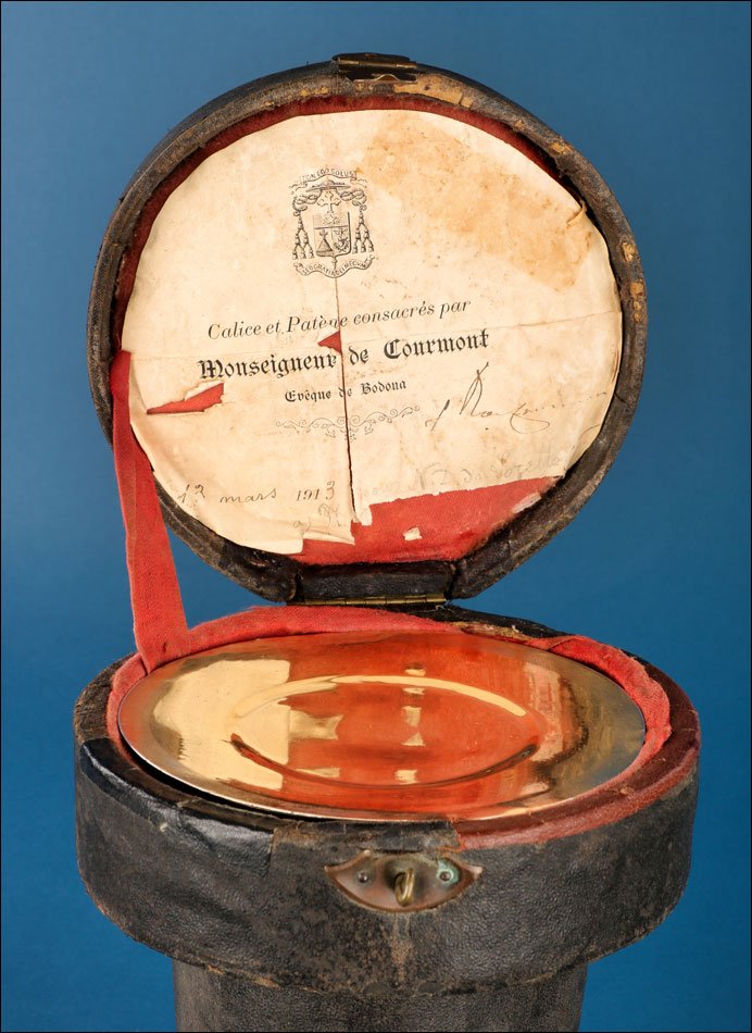 Ancien Calice en Bronze et Argent avec Patène et Étui, France 1913-photo-7