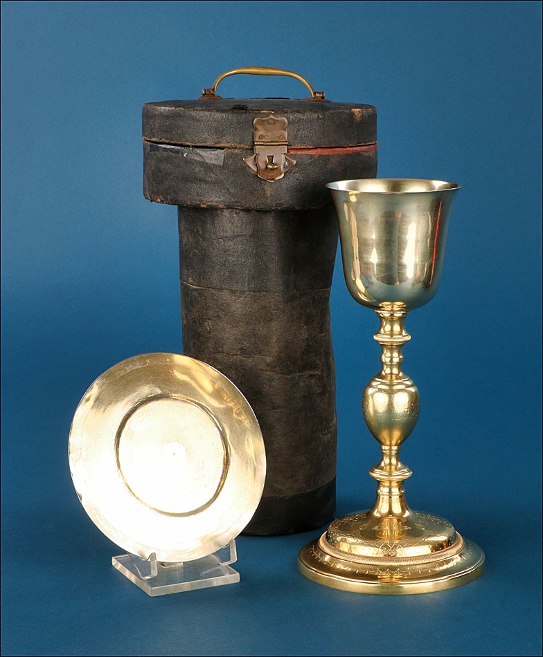 Ancien Calice en Bronze et Argent avec Patène et Étui, France 1913