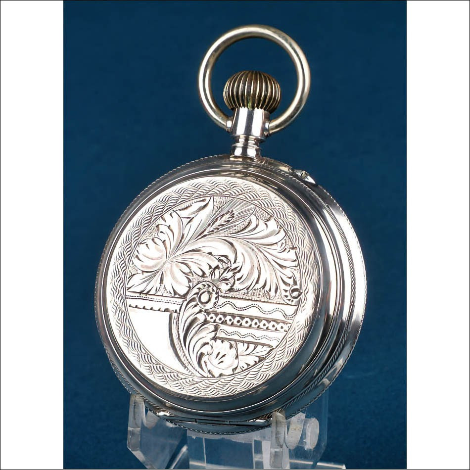 Ancienne Montre à Gousset ou de Poche avec Boîtier Argenté Gravé. Suisse, 1880–1890