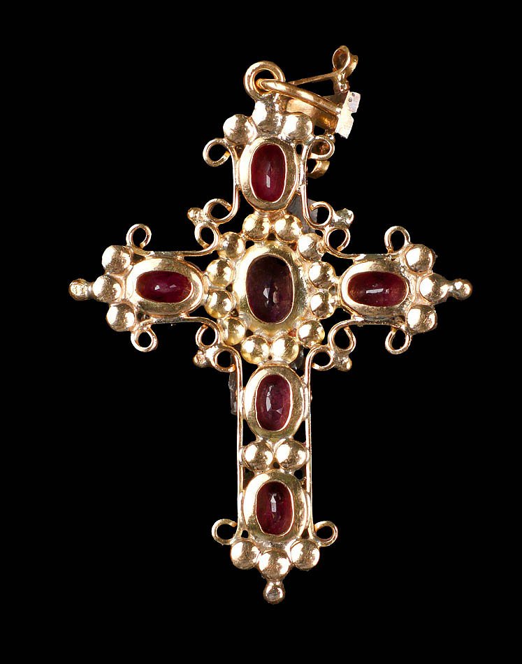 Ancienne Croix de Poitrine en Or 18K avec Rubis et Diamants Naturels. Espagne, vers 1900-1920-photo-3