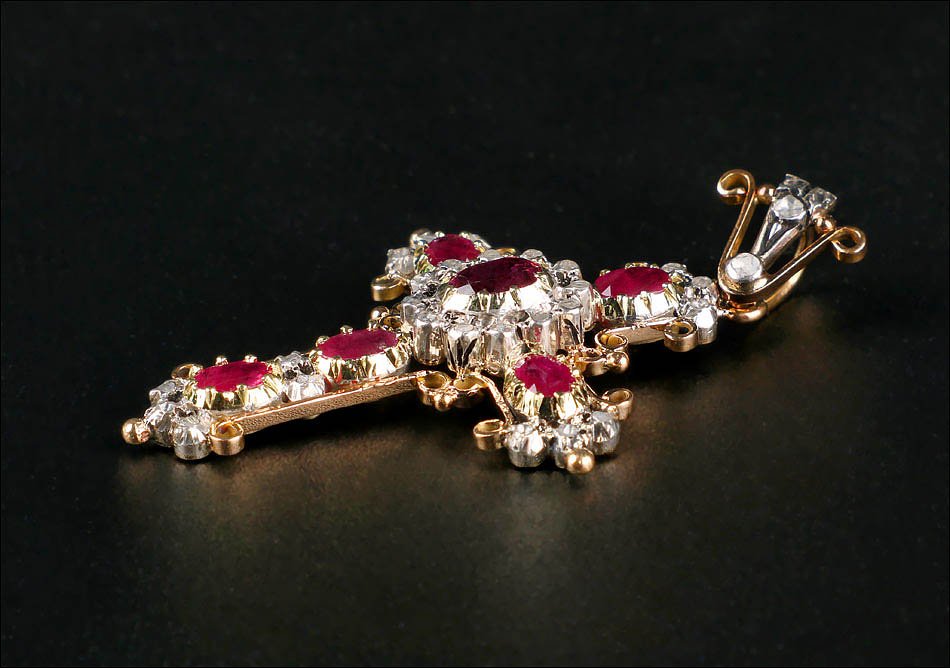 Ancienne Croix de Poitrine en Or 18K avec Rubis et Diamants Naturels. Espagne, vers 1900-1920-photo-4