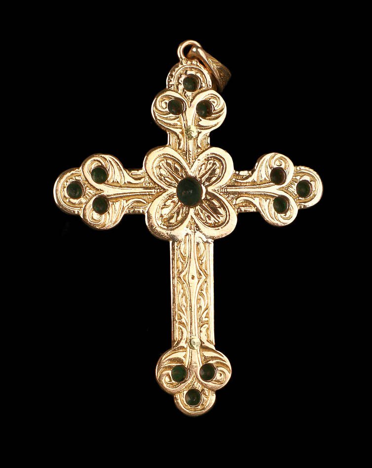 Ancienne Croix de Poitrine en Or 18K avec Émeraudes et Diamants. Espagne vers 1900-1920-photo-3