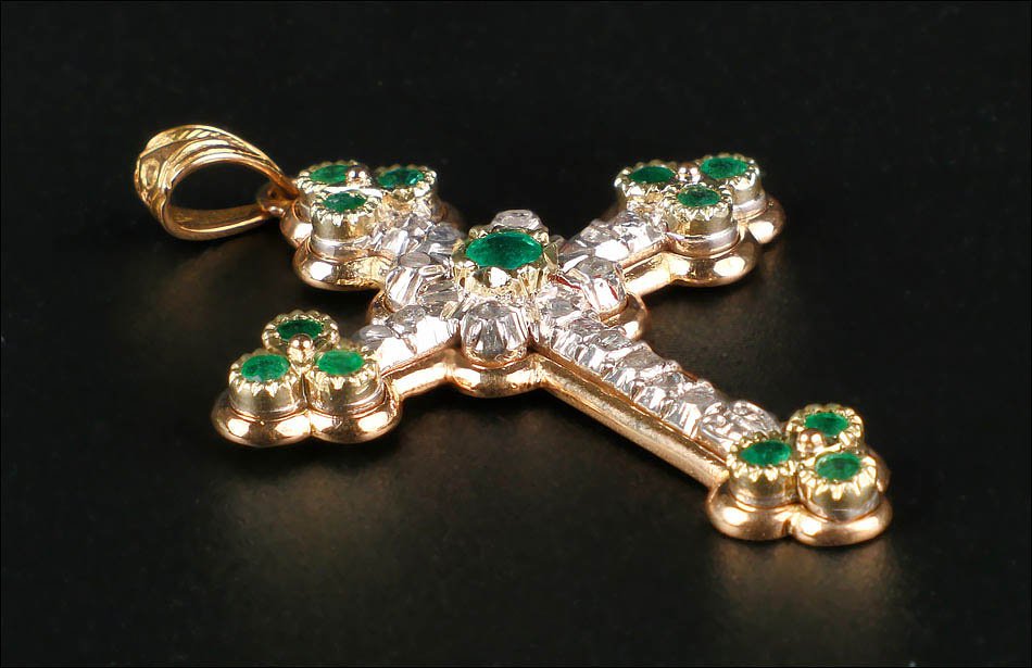 Ancienne Croix de Poitrine en Or 18K avec Émeraudes et Diamants. Espagne vers 1900-1920-photo-4