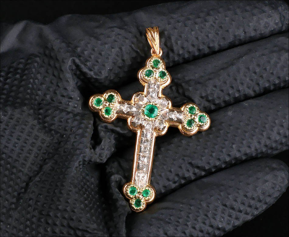 Ancienne Croix de Poitrine en Or 18K avec Émeraudes et Diamants. Espagne vers 1900-1920-photo-2