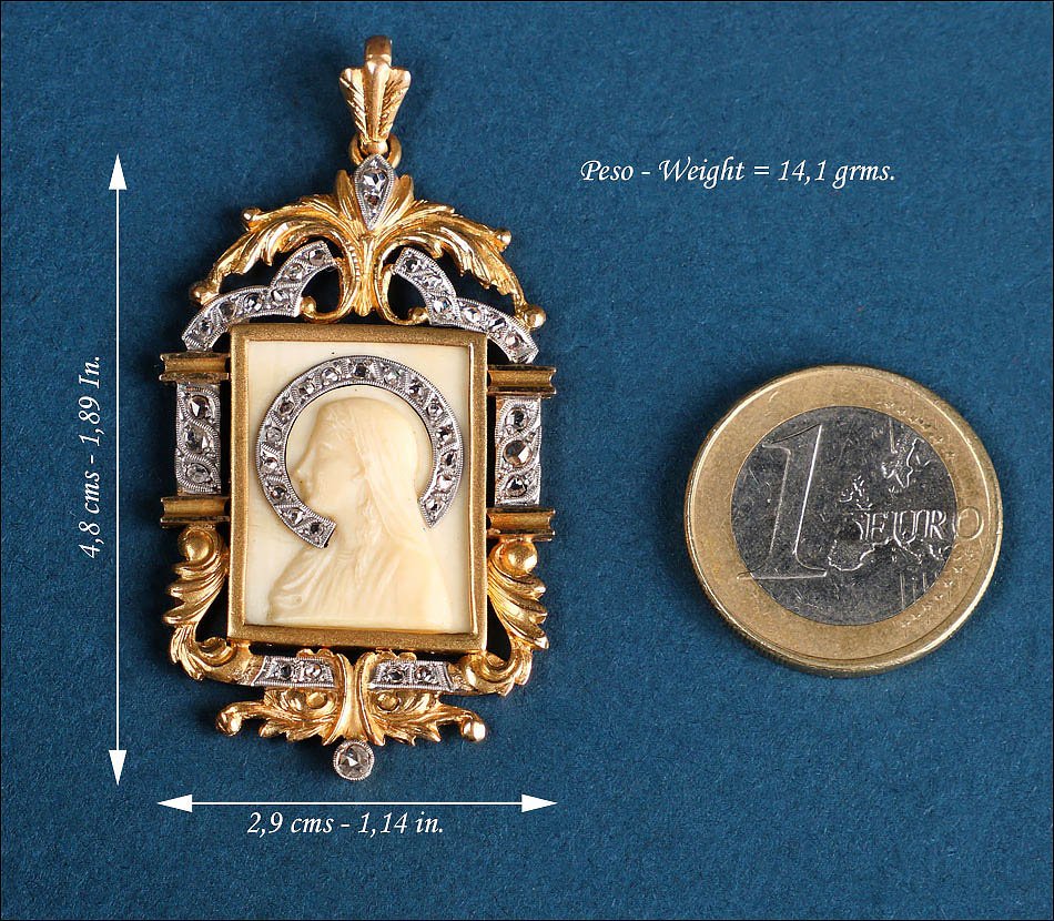 Antique Virgin Mary Pendant In 18k Gold And Diamonds. Spain, Mid 20th Century-photo-2