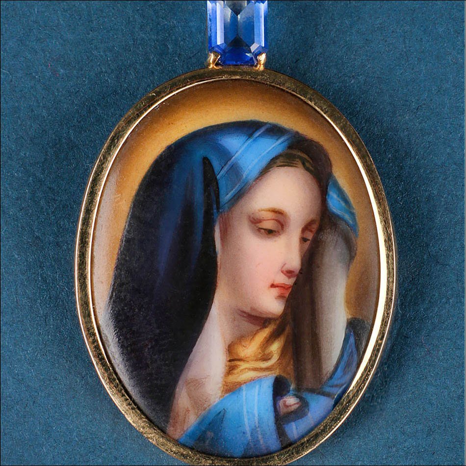 Pendentif Vintage avec Émail de la Vierge Marie en Or 18K. Espagne, XXe siècle