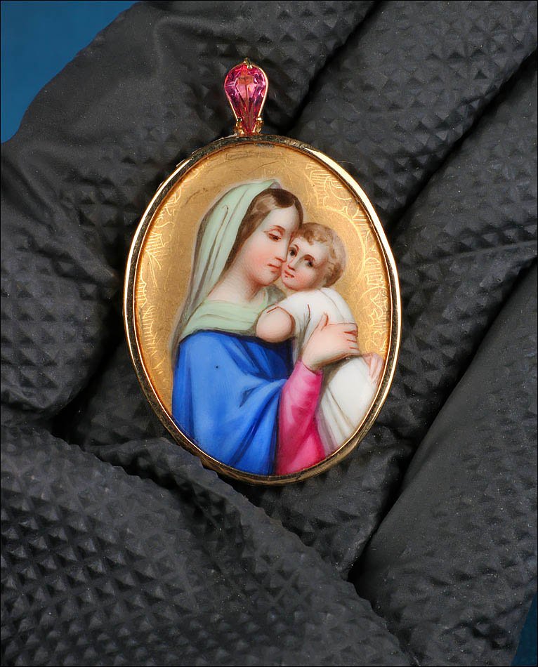 Pendentif Vintage en Or 18K avec Émail de la Vierge à l'Enfant. Espagne, XXe siècle-photo-4