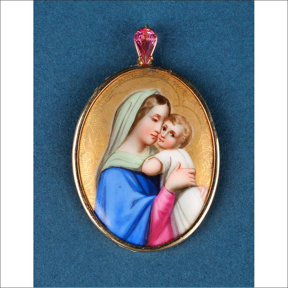 Pendentif Vintage en Or 18K avec Émail de la Vierge à l'Enfant. Espagne, XXe siècle