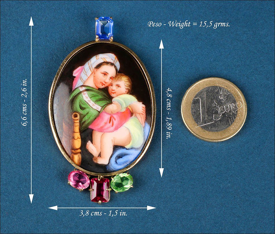 Pendentif Vintage avec Émail de la Vierge en Or 18K et Cristaux de Couleur. Espagne, XXe siècle-photo-2