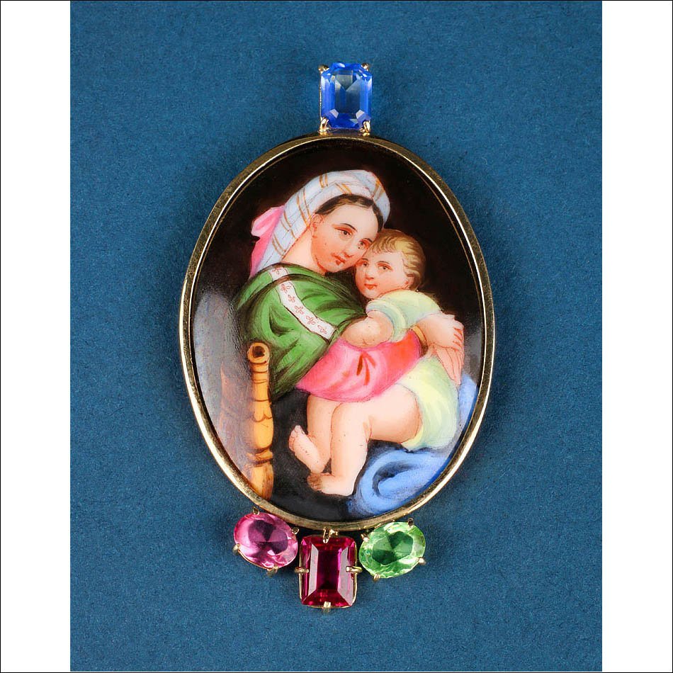 Pendentif Vintage avec Émail de la Vierge en Or 18K et Cristaux de Couleur. Espagne, XXe siècle
