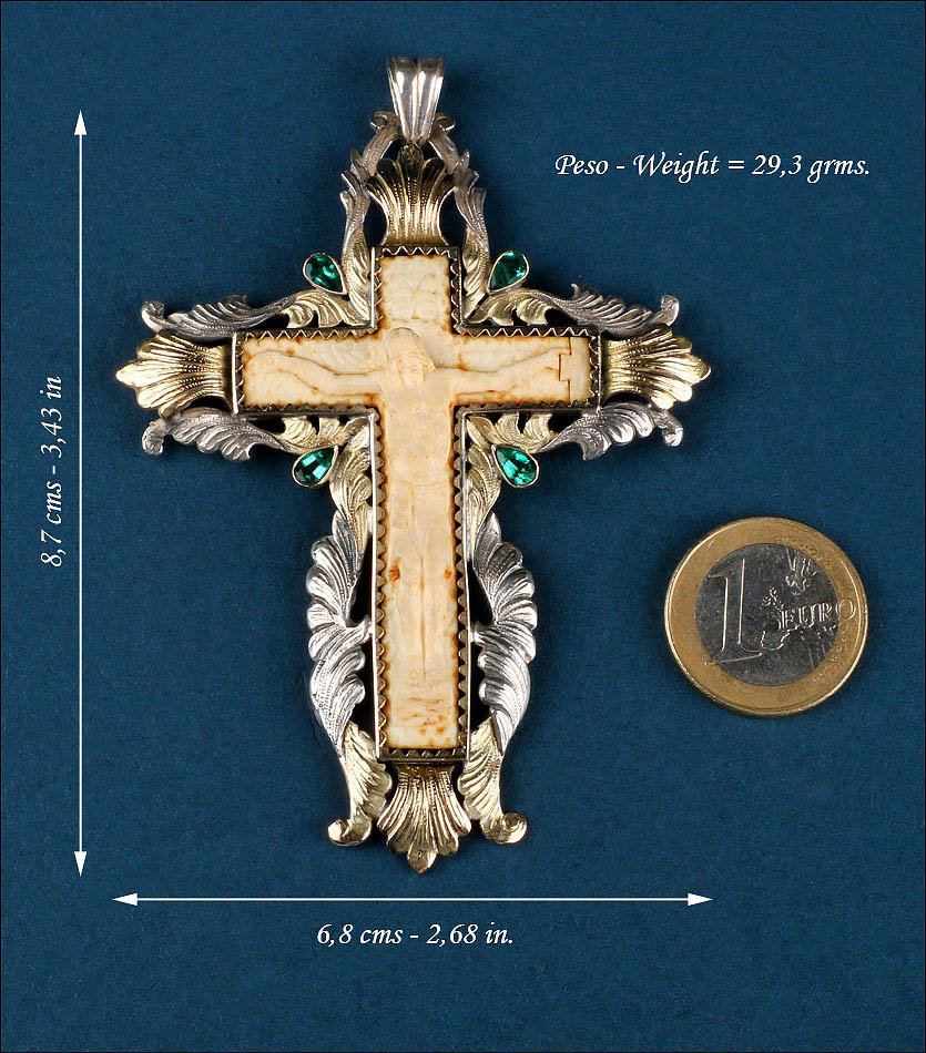 Croix de Poitrine Ancienne en Argent avec Christ Sculpté et émeraudes. Espagne, XIXe si-photo-2