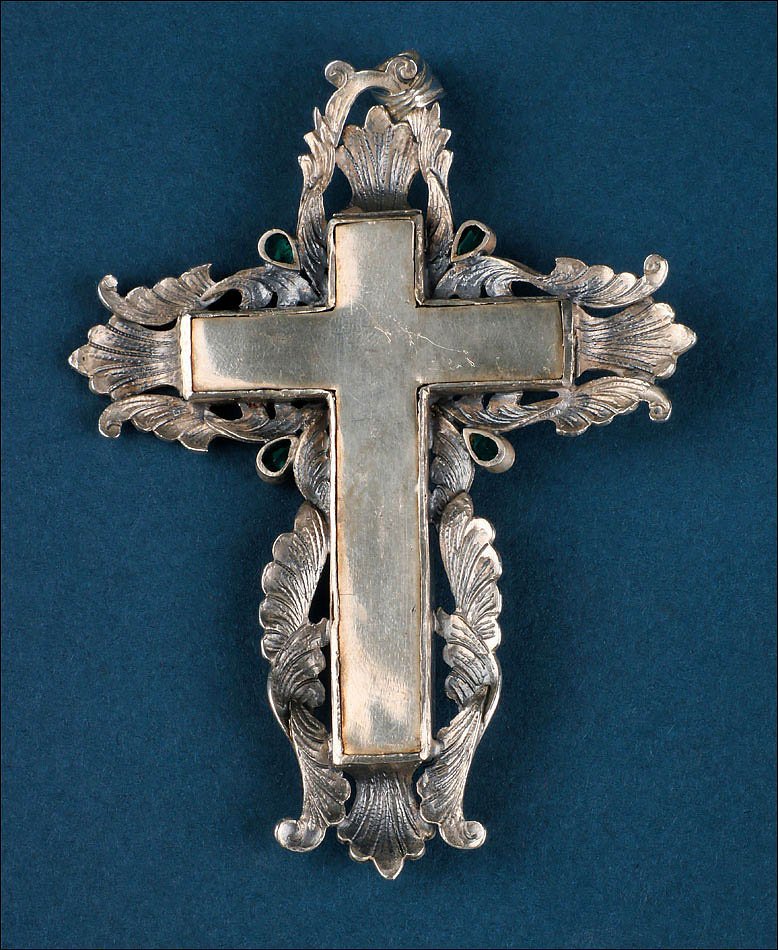 Croix de Poitrine Ancienne en Argent avec Christ Sculpté et émeraudes. Espagne, XIXe si-photo-1
