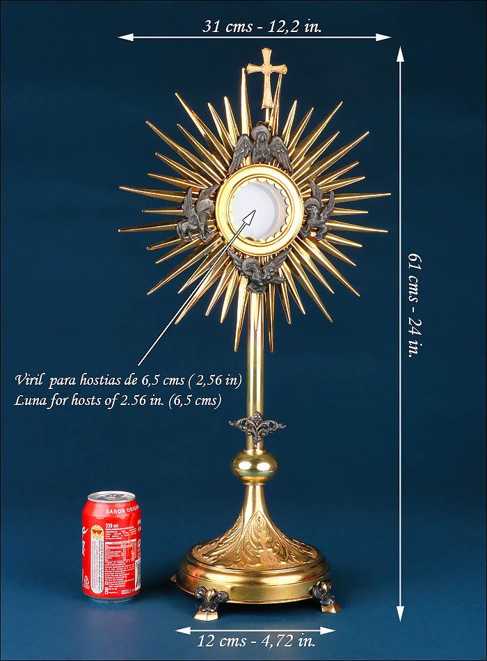 Ancien Ostensoir en Laiton Doré. Espagne, Circa 1950. Complet-photo-2