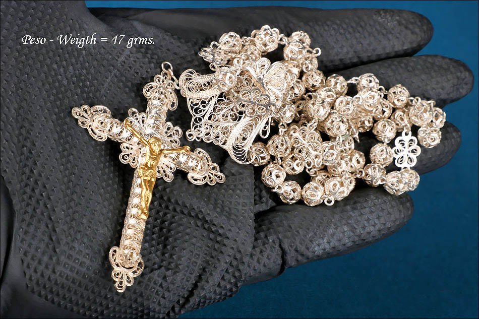 Grand Chapelet Ancien en Filigrane d'Argent avec Christ Doré. Espagne, Circa 1900-photo-2