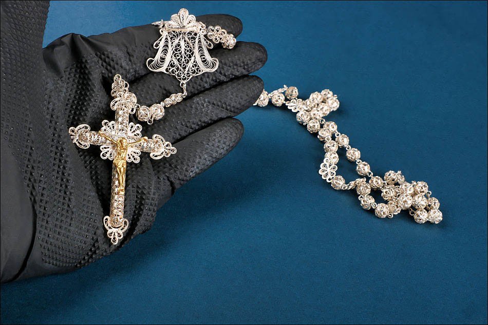 Grand Chapelet Ancien en Filigrane d'Argent avec Christ Doré. Espagne, Circa 1900-photo-3
