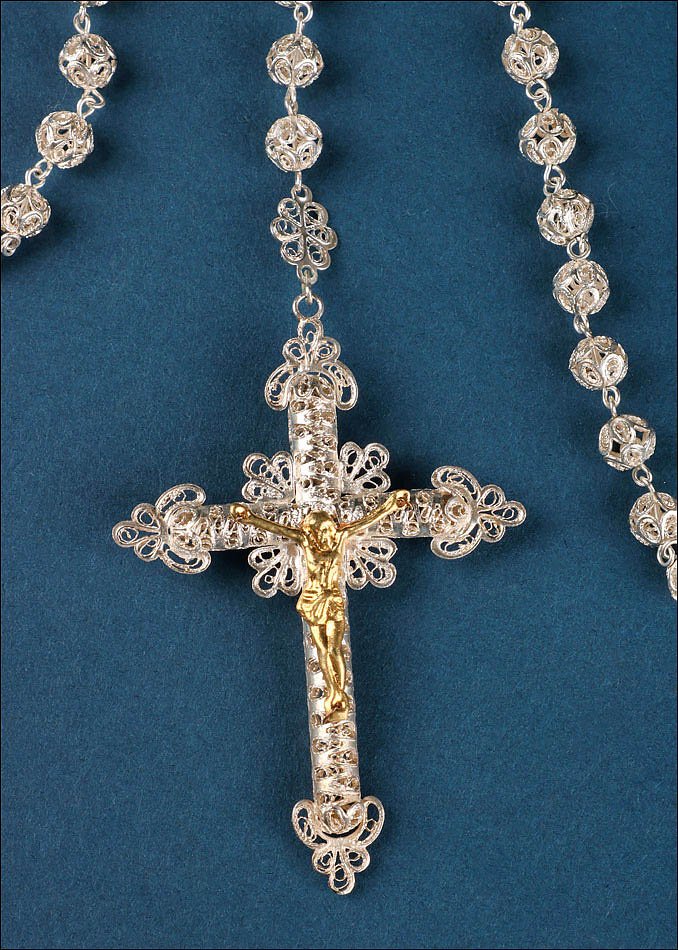 Grand Chapelet Ancien en Filigrane d'Argent avec Christ Doré. Espagne, Circa 1900-photo-1