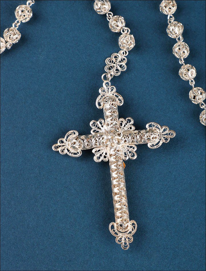 Grand Chapelet Ancien en Filigrane d'Argent avec Christ Doré. Espagne, Circa 1900-photo-2