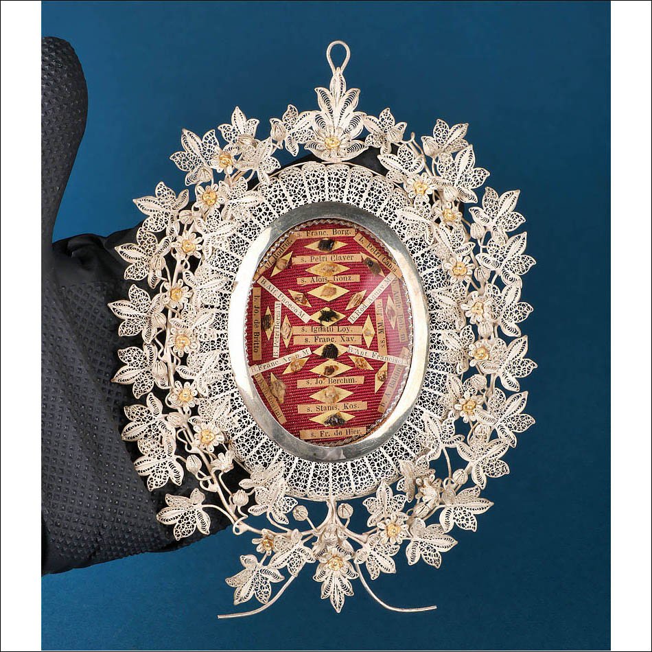 Ancien Reliquaire Multiple Jésuite en Argent avec 19 Reliques, vers 1900-1910