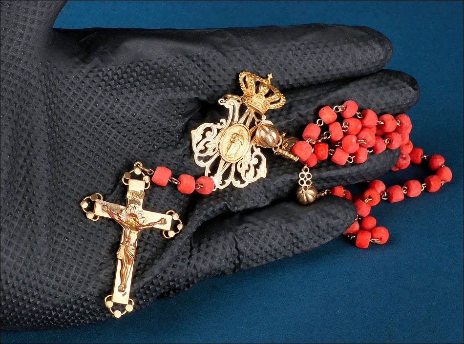 Rosaire Ancien en Or 18K avec Perles de Corail Naturel. Espagne, c. 1900-photo-4