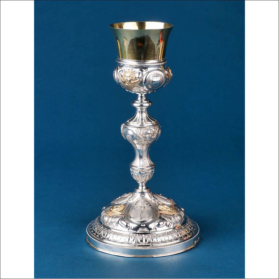Antique White And Gilt Silver Chalice By Josep Casas. Barcelona, Spain, 19th C.
